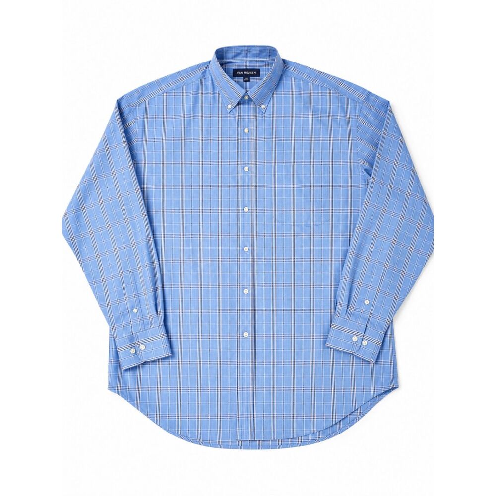 Van Heusen Men's XXL 18-18.5 Blue Plaid Button Down Dress Shirt Long Sleeve